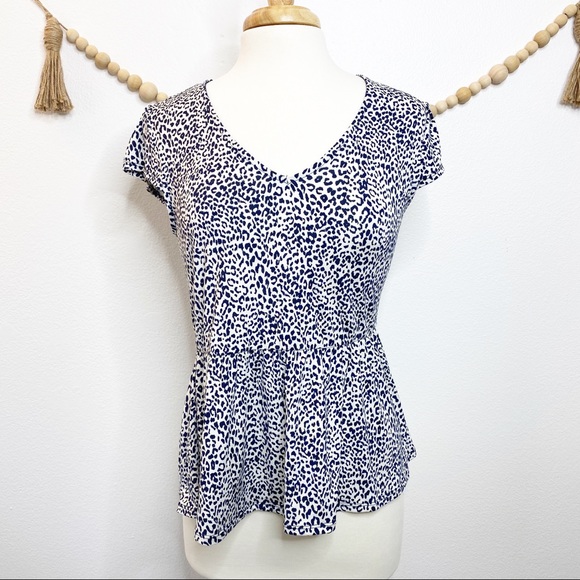 Kaileigh Tops - Kaileigh Navy & White Leopard Peplum Blouse